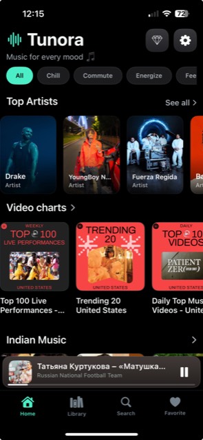 Tunora Home tab showing a Discover feed with Quick picks and Featured playlists.